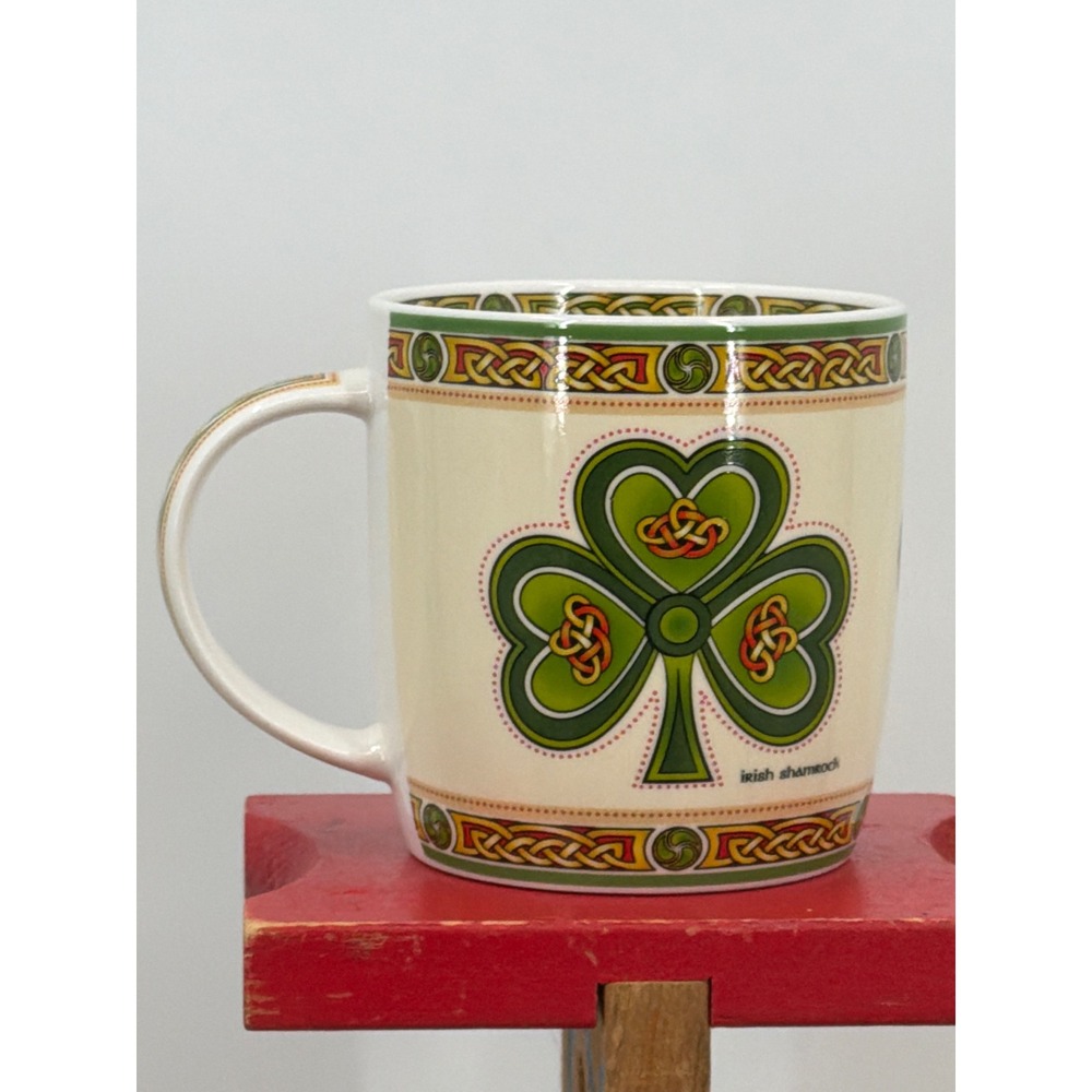 Ireland New Bone China Irish Shamrock Celtic Knot Coffee Mug Green Cream